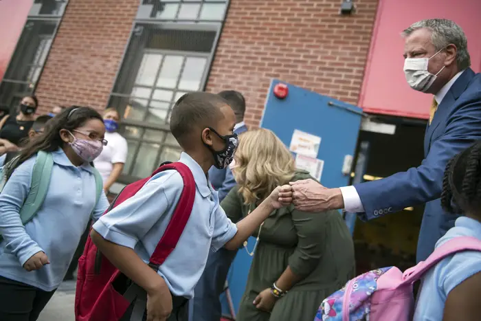 Mayor Bill de Blasio and Schools Chancellor Porter welcome students back for the first day of school at P.S. 25 in the Bronx.